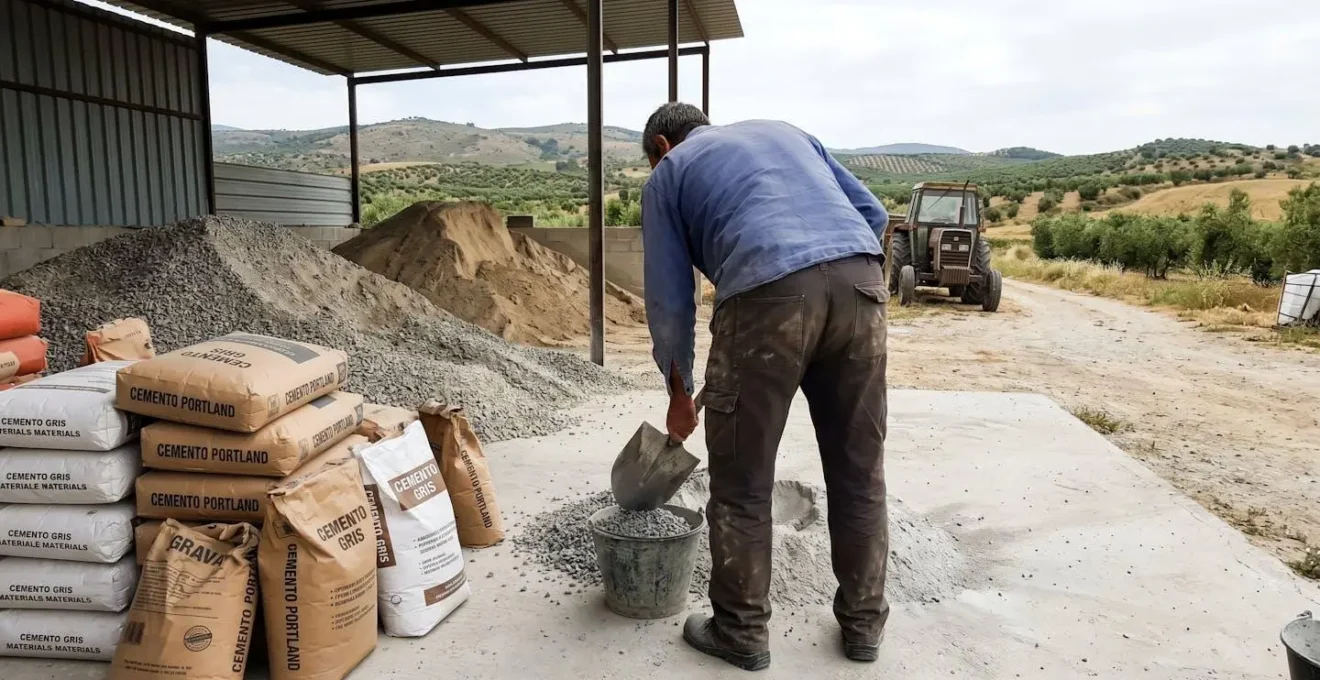 Operario agrícola visto de espaldas preparando dosificación de materiales para hormigón con sacos de cemento y áridos organizados