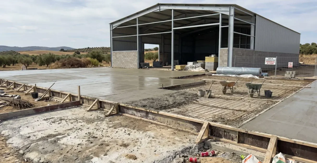 Solera de hormigón en construcción en nave agrícola española con encofrado visible y estructura de almacén al fondo