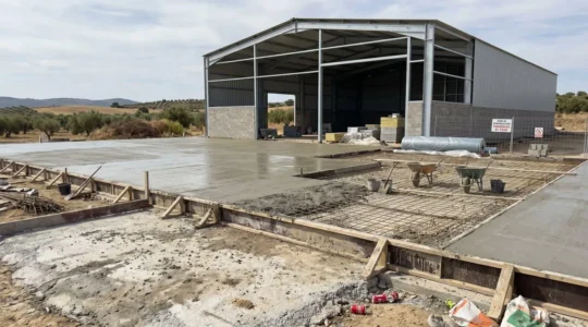 Solera de hormigón en construcción en nave agrícola española con encofrado visible y estructura de almacén al fondo