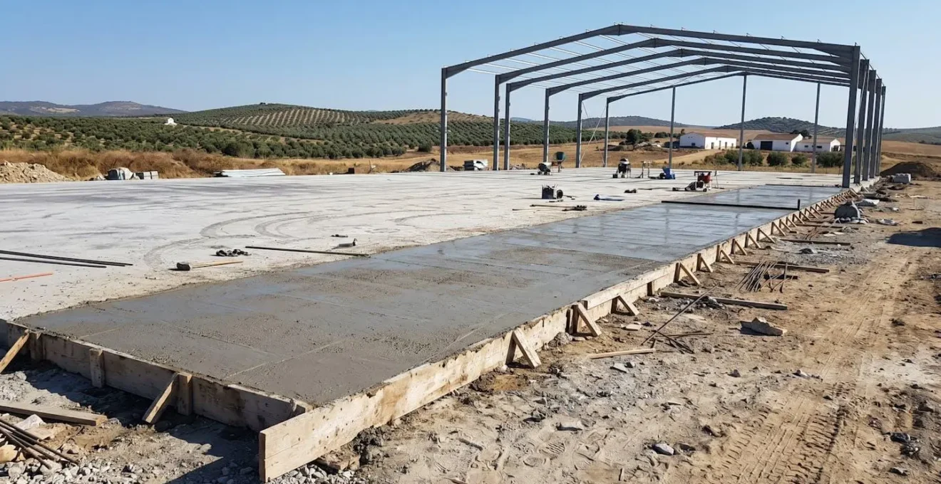 Solera de hormigón en construcción en nave agrícola española con encofrado visible y estructura de almacén al fondo